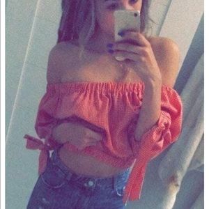 Of the shoulder gingham bubble shirt